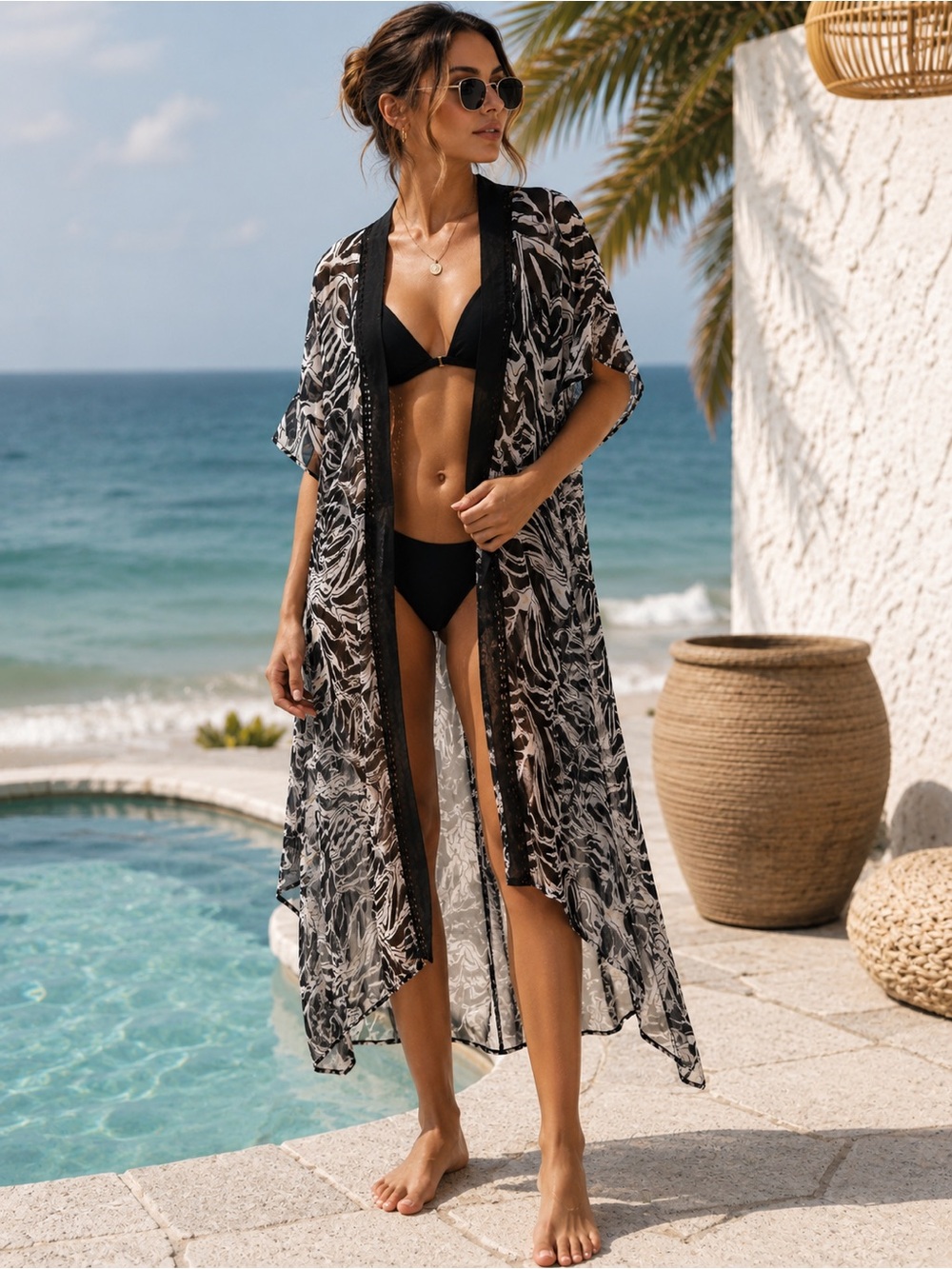 38. BCBG • NWOT Black and White Printed Sheer Swim Coverup Kimono